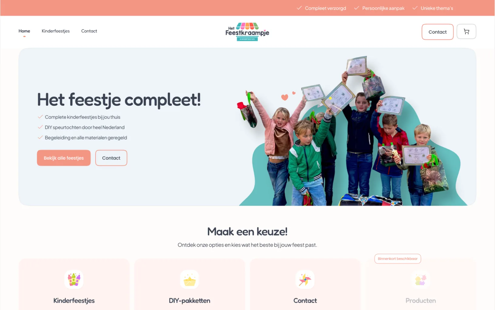 Website van Het Feestkraampje, gebouwd door Warmweb