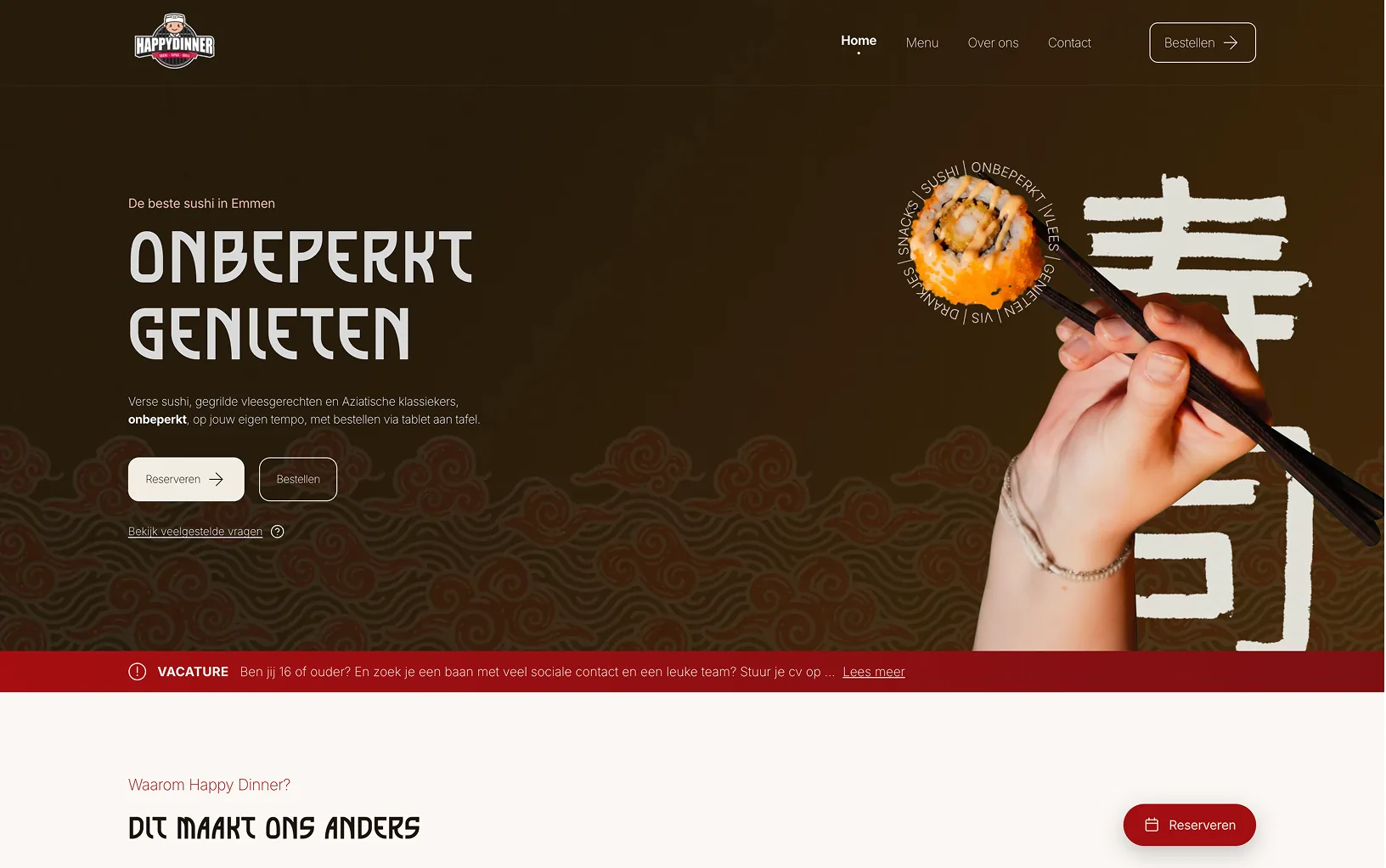 Website van Happy Dinner, gebouwd door Warmweb