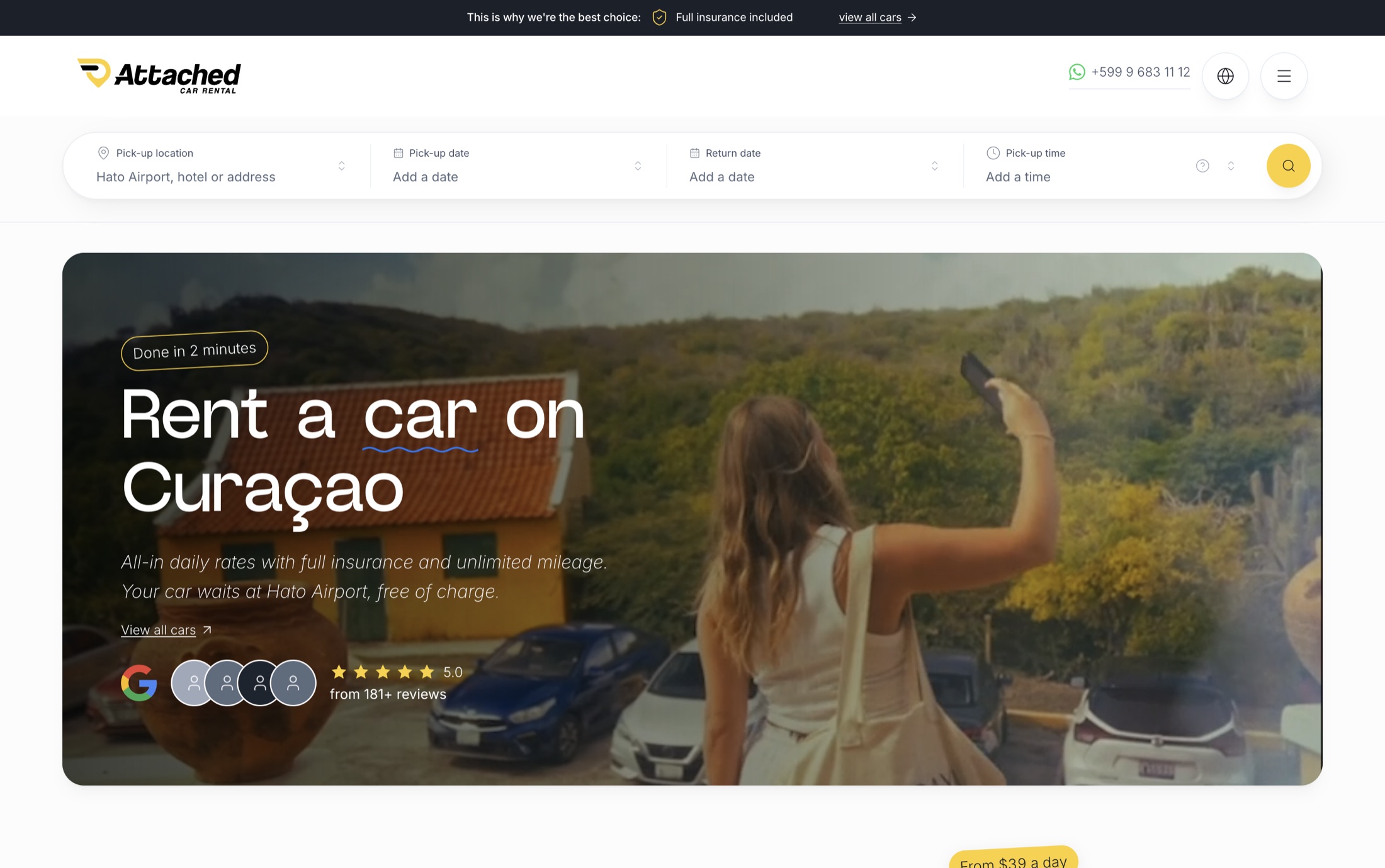 Website van Attached Car Rental, gebouwd door Warmweb