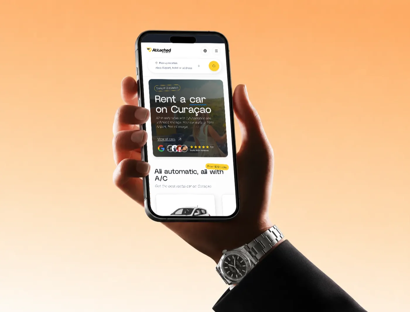 Telefoon met de site van Attached Car Rental